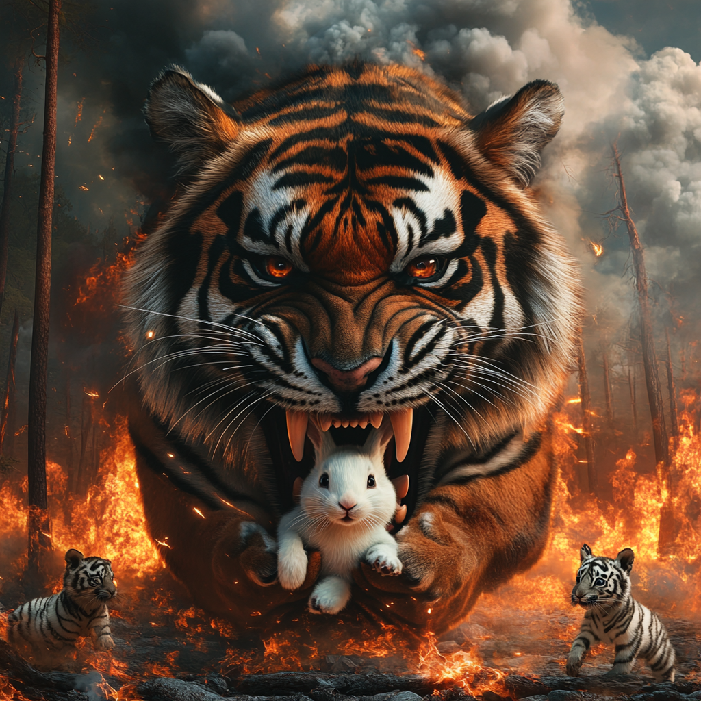 Tiger holding rabbit with burning forest background