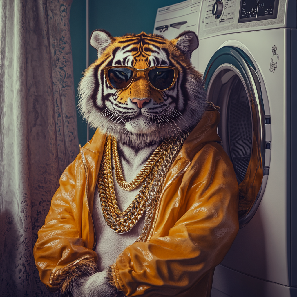 Tiger in Funky Style Next to Washing Machine