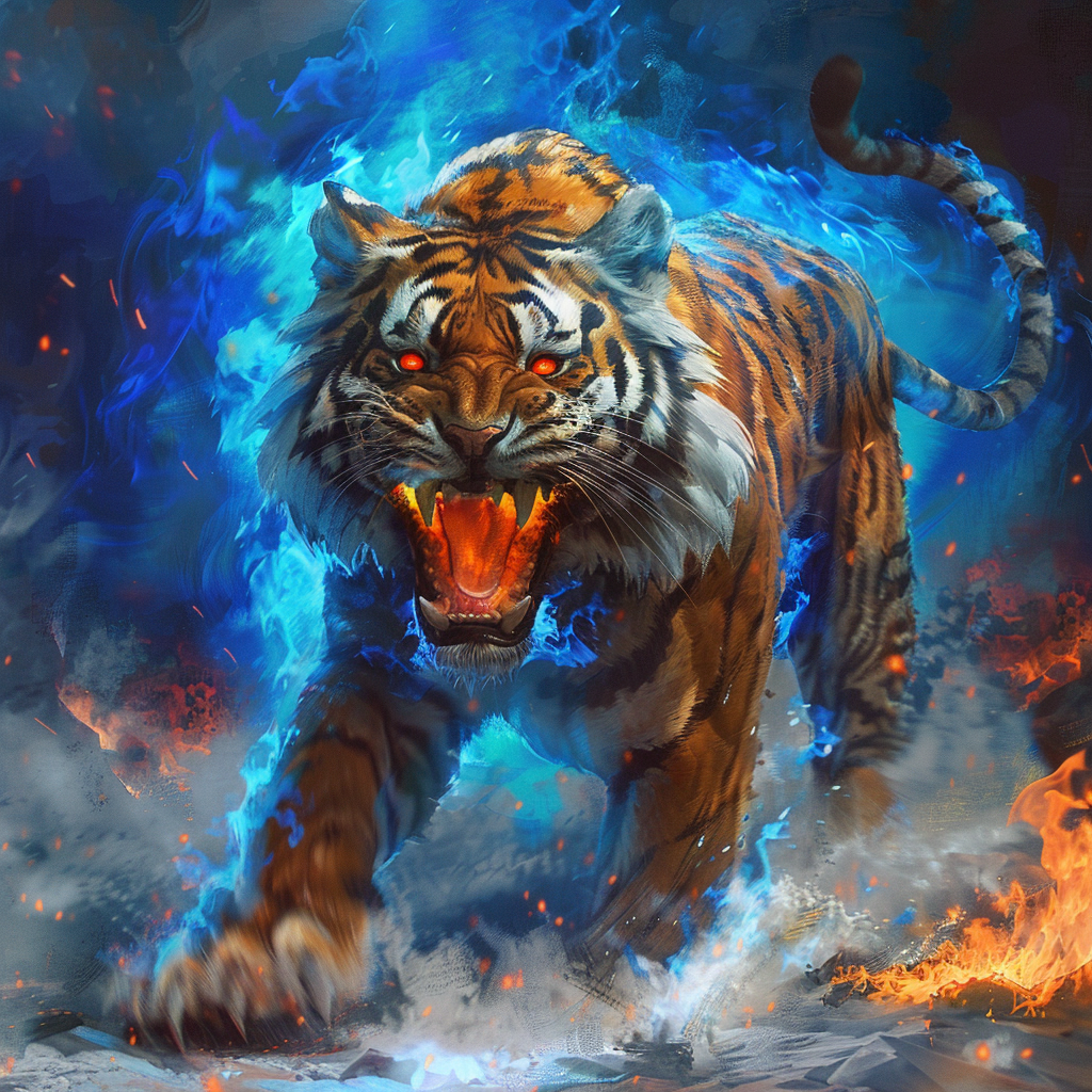 Tiger in dungeons and dragon art with fiery background.