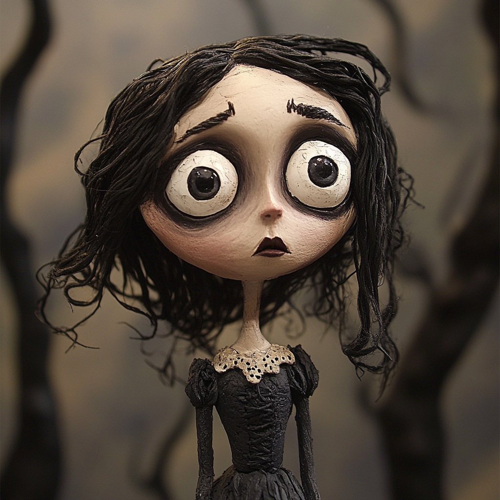 Tim Burton-inspired claymation girl with pale skin, dark hair.