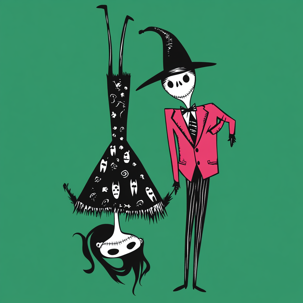 Tim Burton style with witch, devil, dancing characters, whimsical.