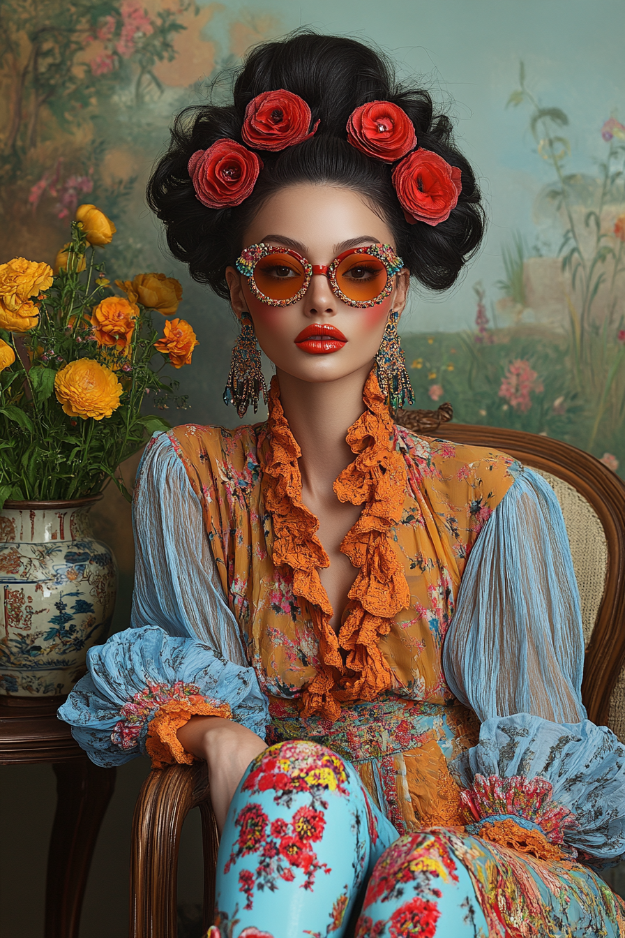 Tim Walker-inspired Woman with Colorful Floral Shoes