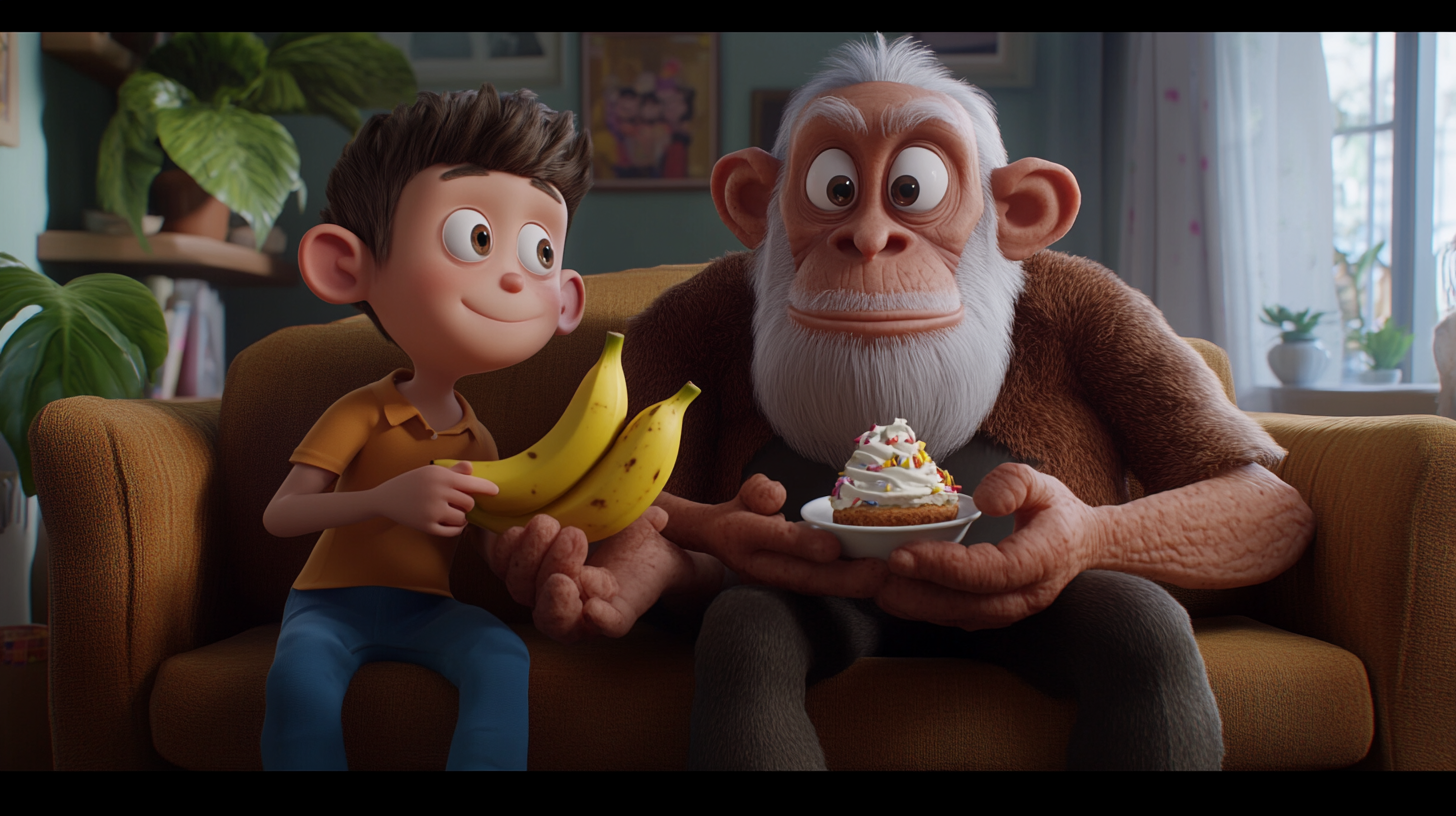 Timmy, Banjo, Grandpa watch animated banana split.