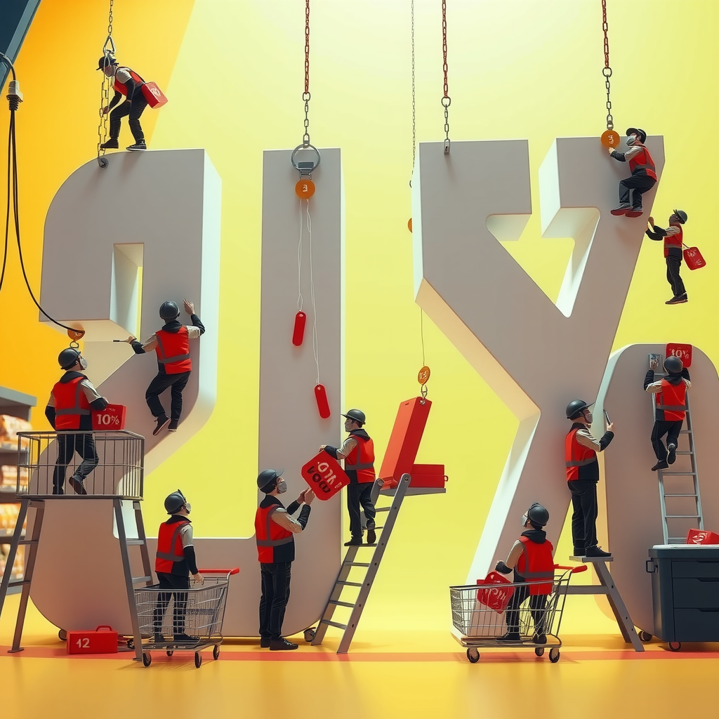 Tiny Workers Building a Giant Discount Sign