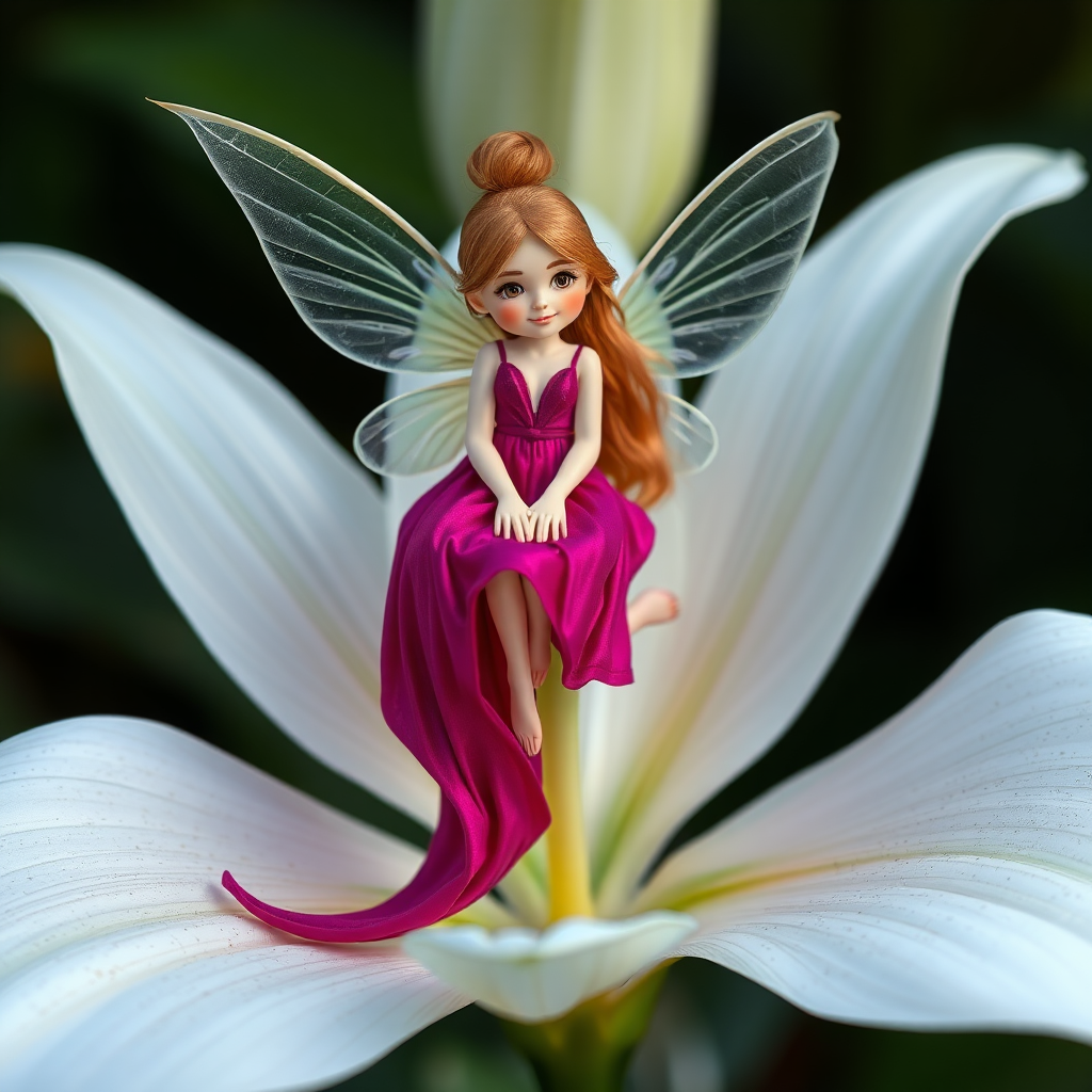 Tiny fairy in magenta dress on lily petal.