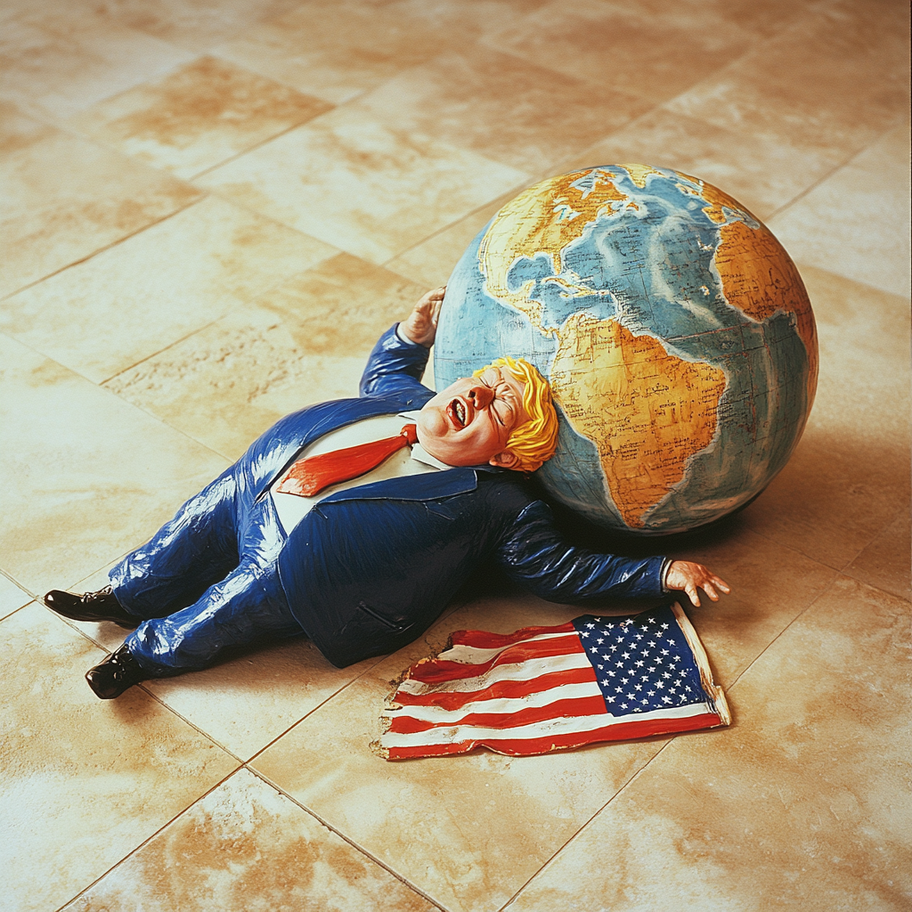 Tiny fat man crushed by large globe.