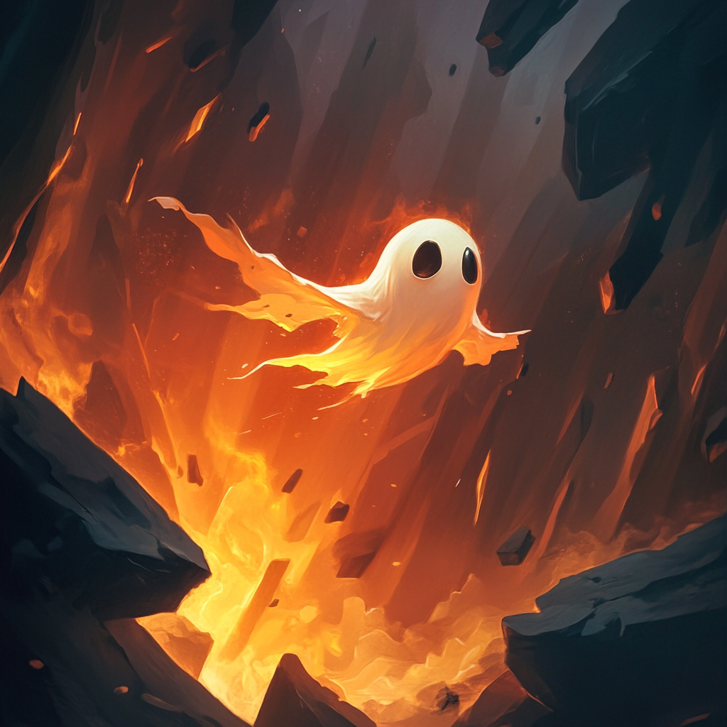 Tiny ghost flying through dark hell-like backdrop in game.