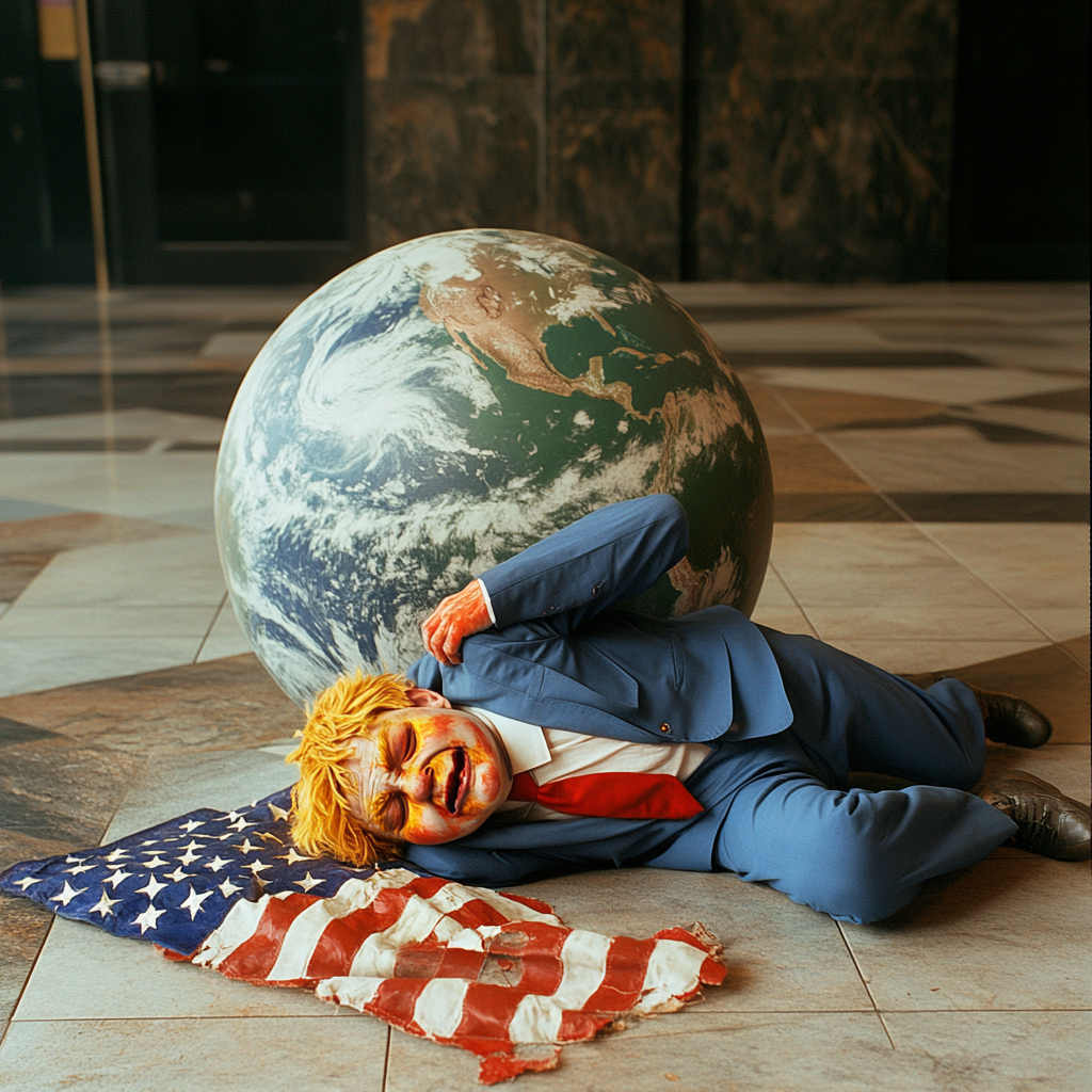 Tiny man crushed by giant globe, surrounded by American flag.