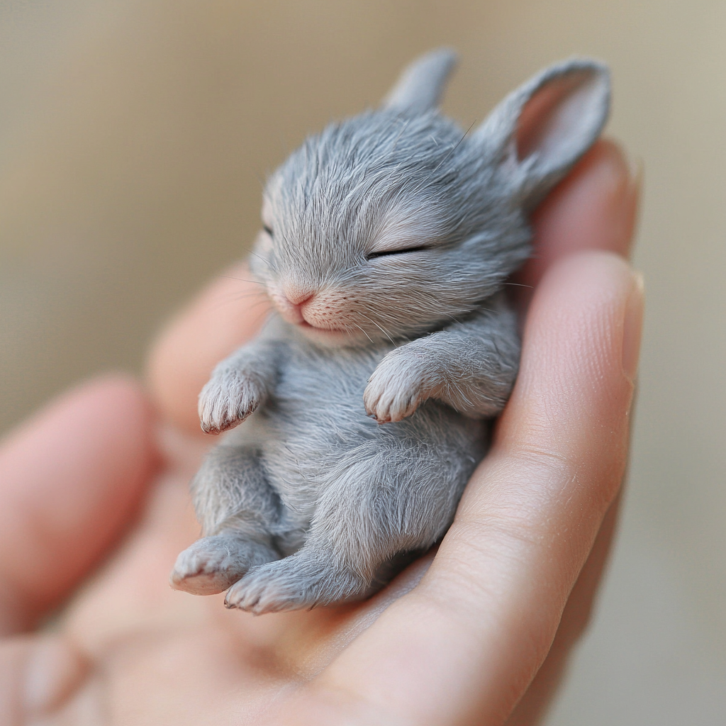 Tiny newborn rabbit on thumb - close-up photo