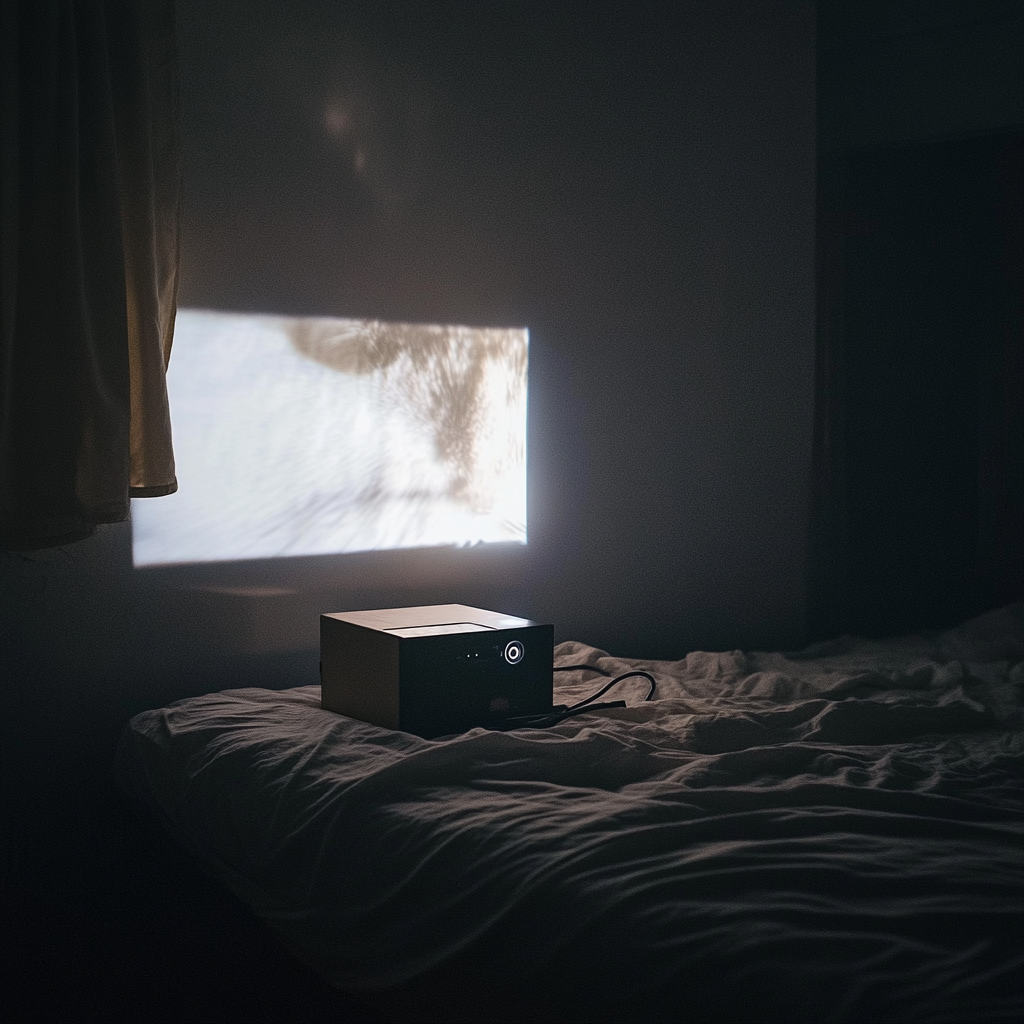 Tiny projector shines movie on white wall in bedroom.