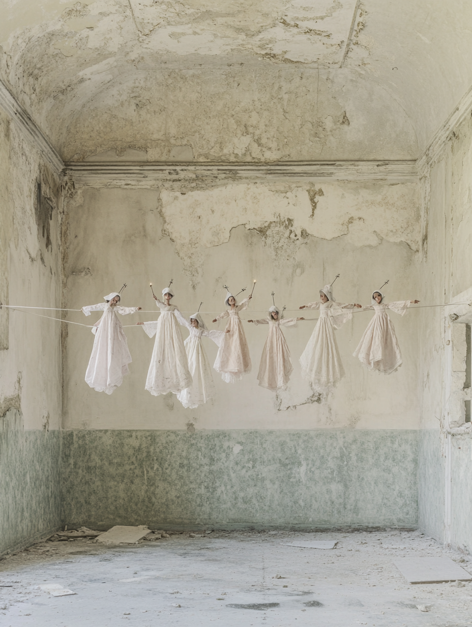 Tiny witches casting spell on clothesline in ballroom.