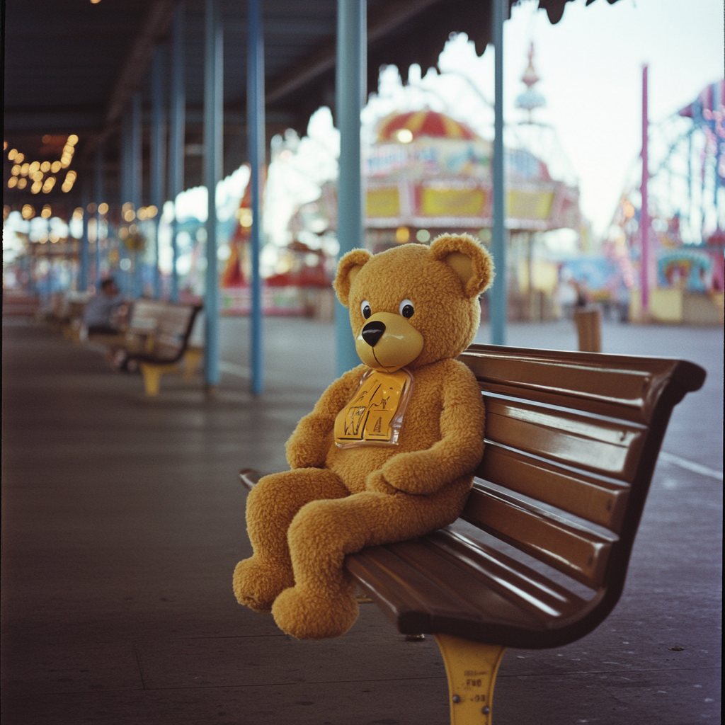 Tired Bear Man Mascot Resting at Amusement Park