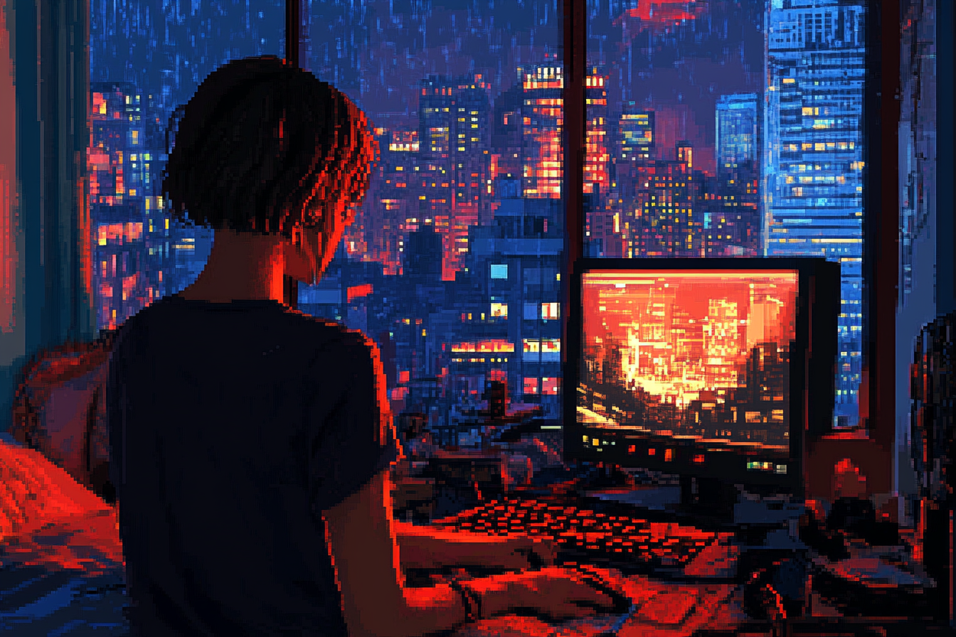 Tired Woman's Neon Lit Bedroom in Cityscape