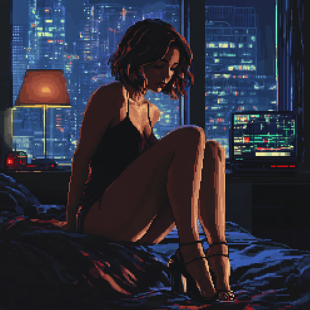 Tired Woman Unwinding in Neon-Lit Game Art Bedroom