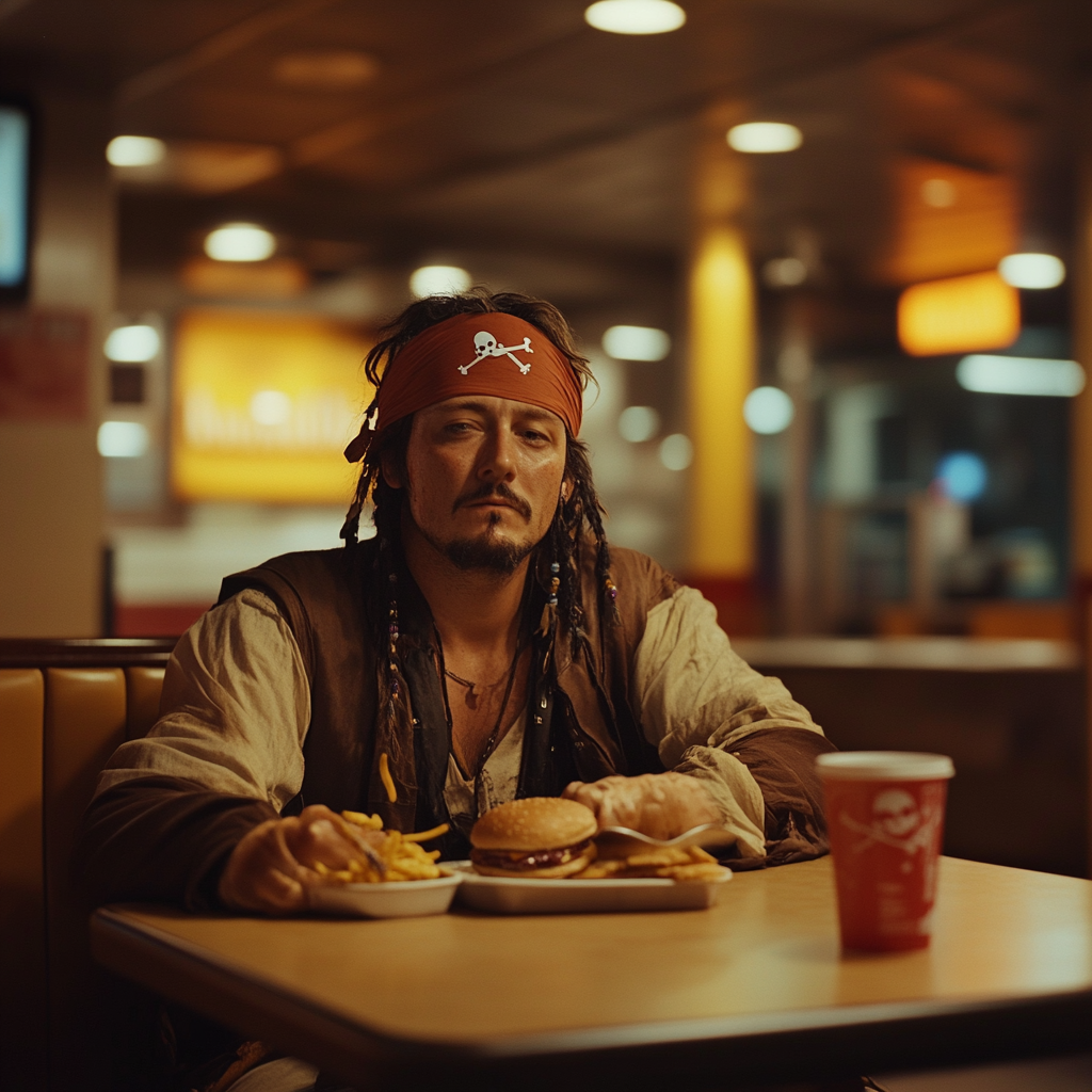 Tired but happy pirate eating burger at Burger King