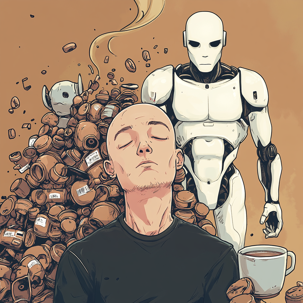 Tired man surrounded by coffee, robot full of energy.