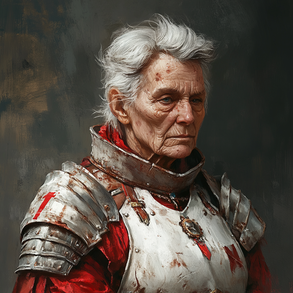 Tired old warrior woman in red armor, sad eyes