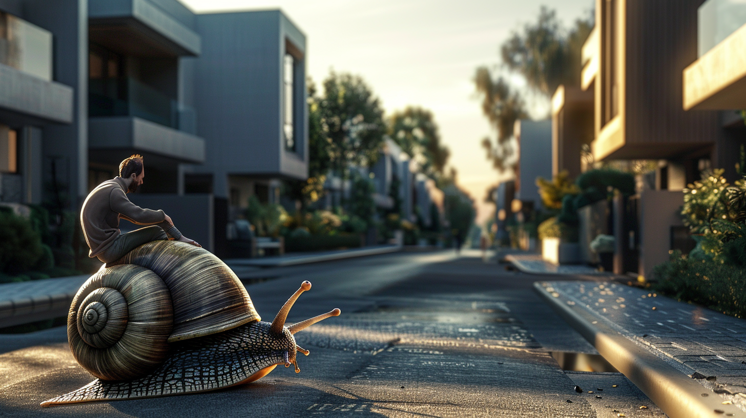 Tired real estate agent on slow snail in modern neighborhood.