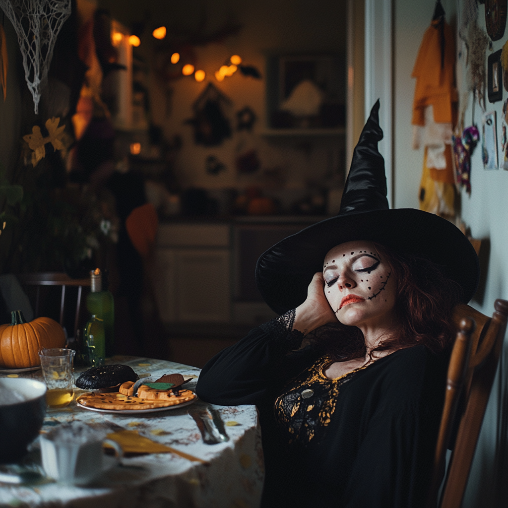 Tired woman in witch costume at lively Halloween party