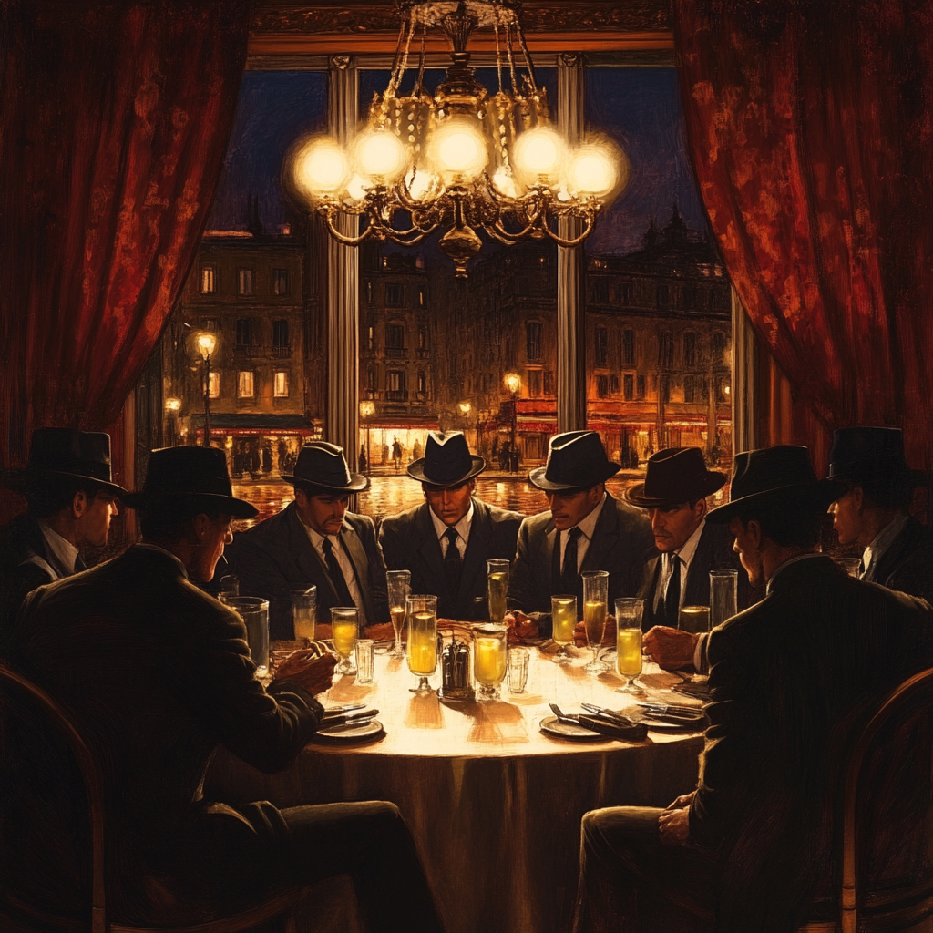 Title: Elegant Italian Mafia Scene in Dimly Lit Restaurant