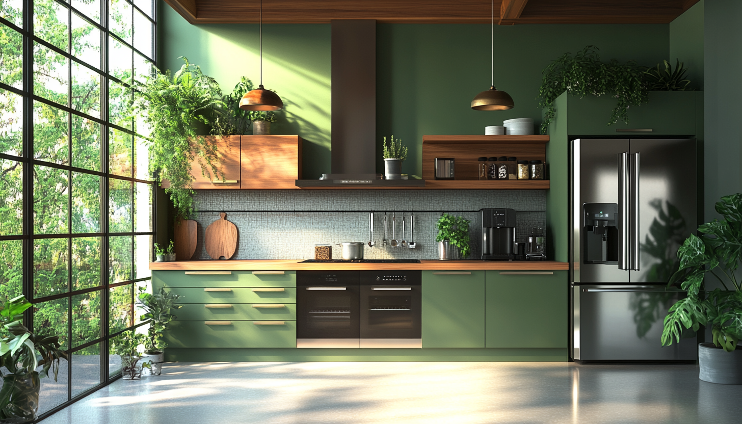 Title: Modern kitchen with green cabinets, wood, steel, sunlight, plants.