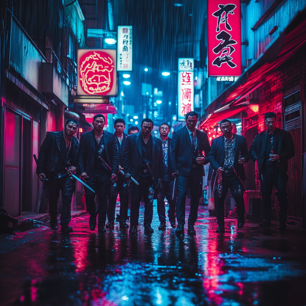 Title: Neon-Lit Tokyo Alleyway: Yakuza with Katanas and Sake