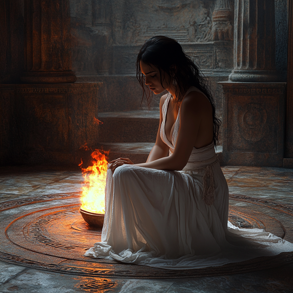 Title: Vestal Priestess Aurelia Worried Before Sacred Fire