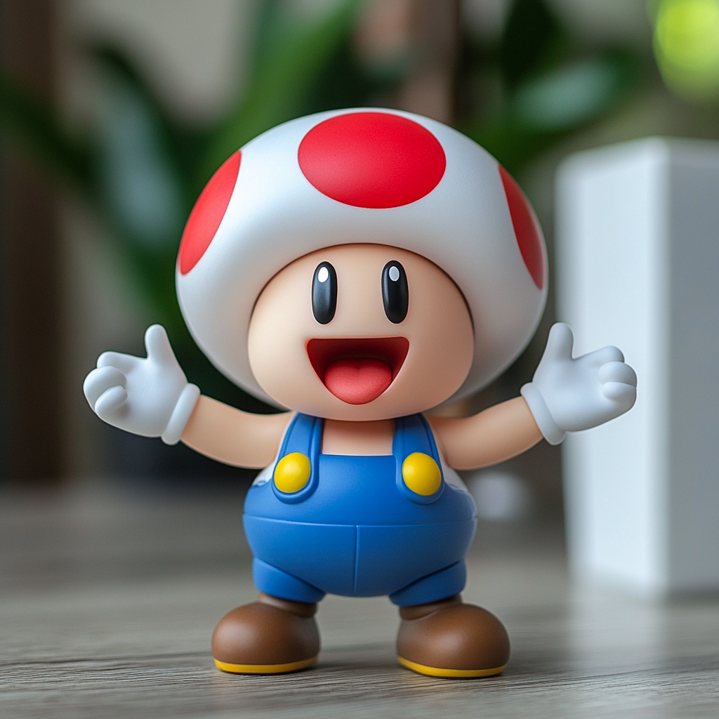 Toad plastic toy figure in blue overalls smiling.