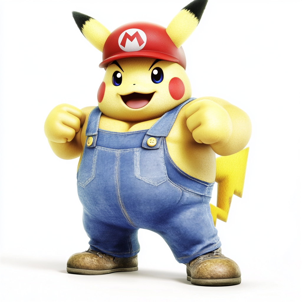 Toad smiling next to Pikachu flexing six-pack abs.