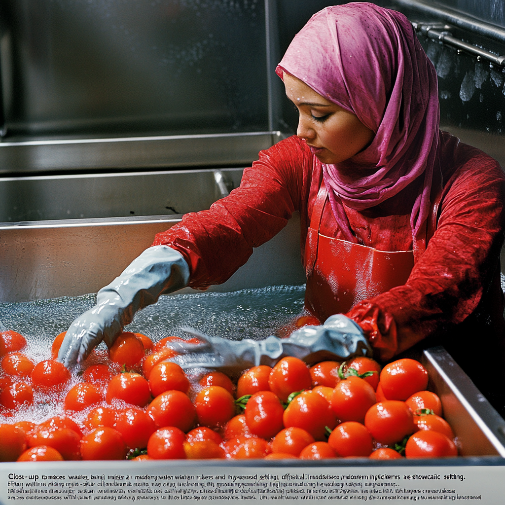 Tomatoes Washed in Water with Workers in Uniform