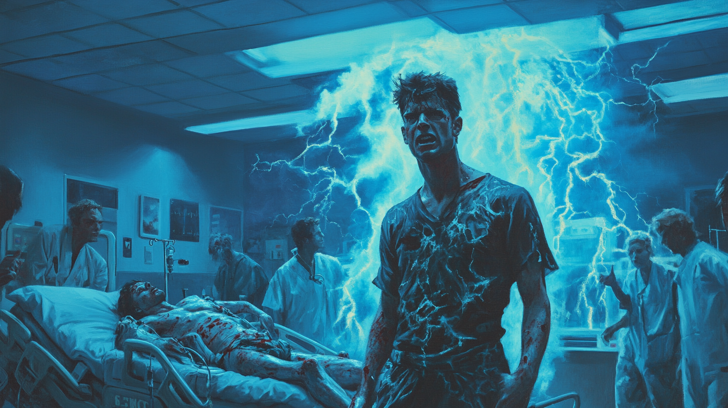 Tommy Lee in hospital emergency room surrounded by lightning.