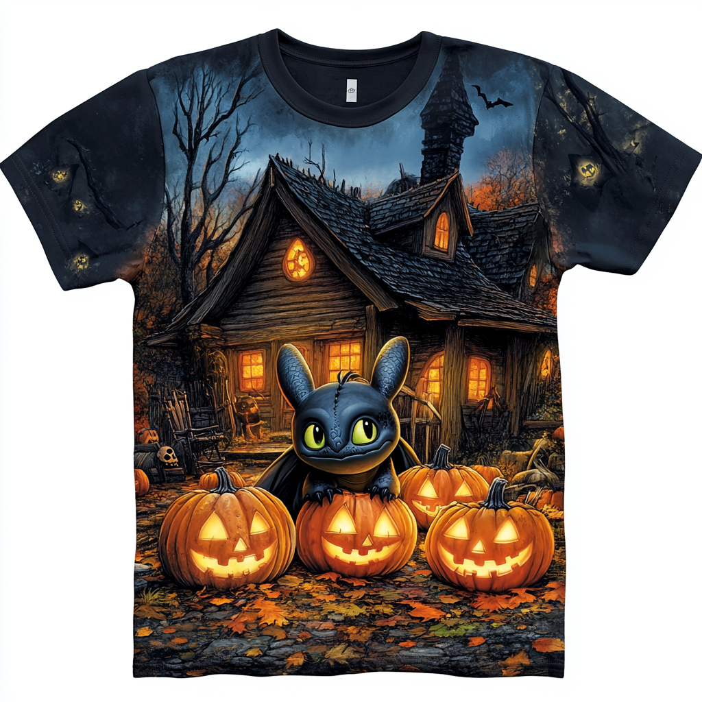 Toothless in front of haunted cabin with pumpkins.