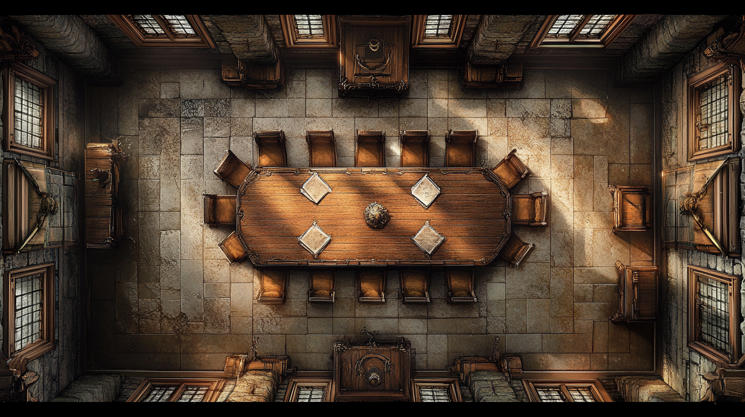 Top-down castle dining room battlemap for D&D 16:9.