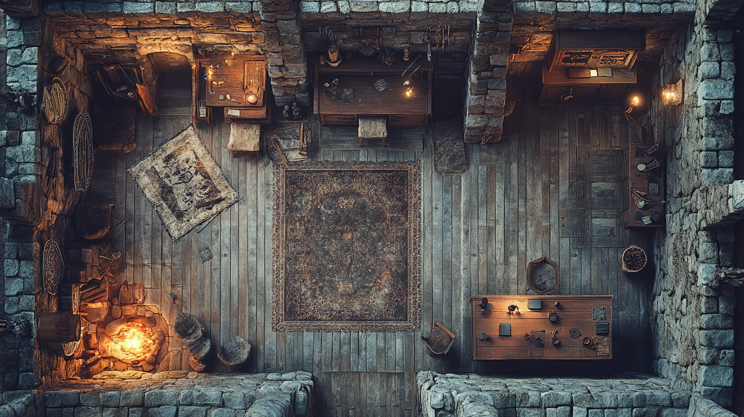 Top down view of dilapidated castle room at night.