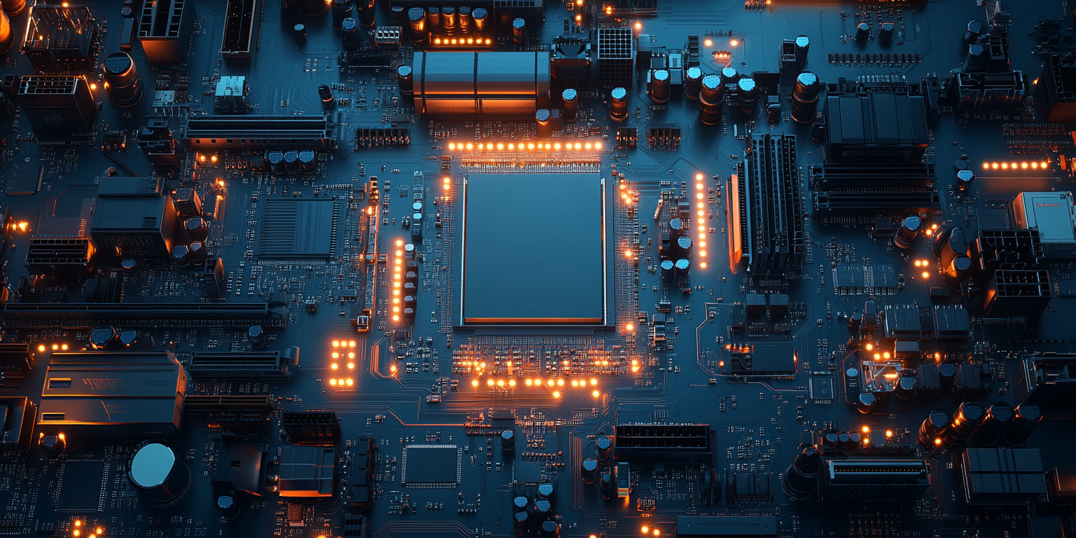 Top-down view of light blue motherboard with components.