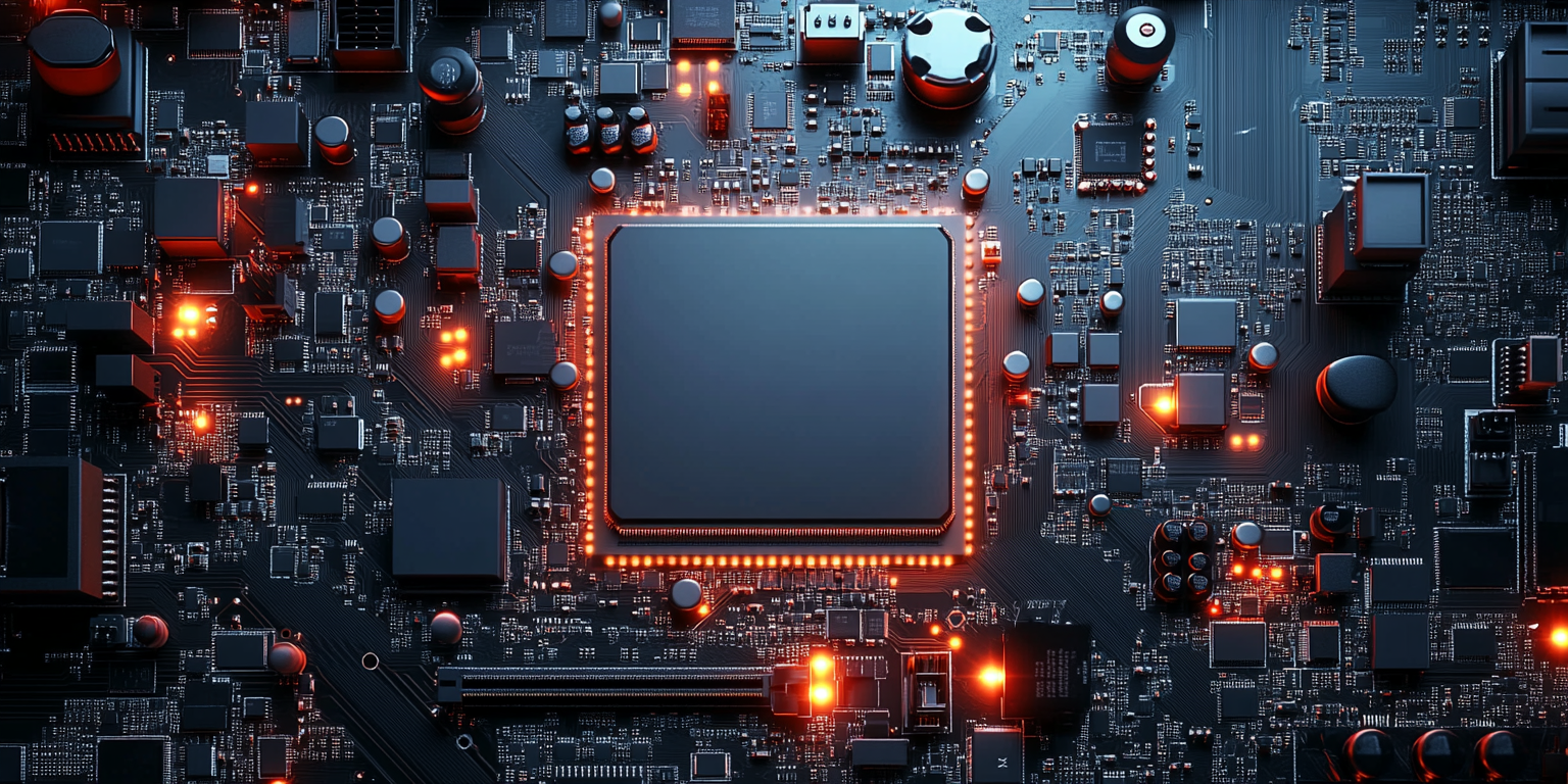 Top-down view of realistic motherboard with minimalistic appearance.