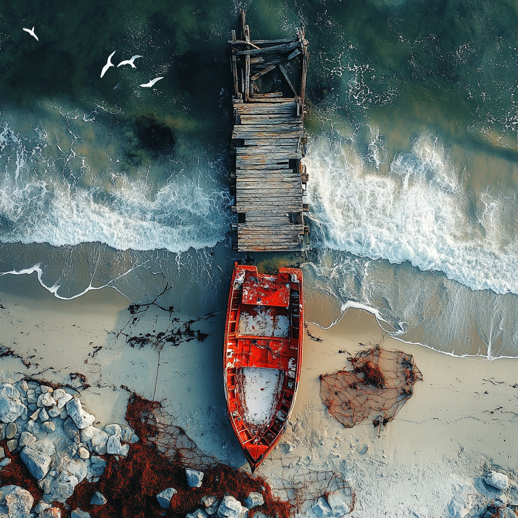 Top-down view of seashore with ruined pier and boat.