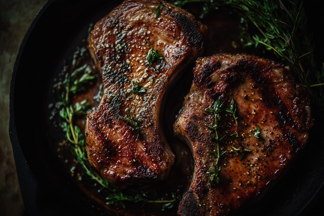 Top view close-up shot of tempting pork chops. Luxurious, elegant, mouth-watering gourmet photography.