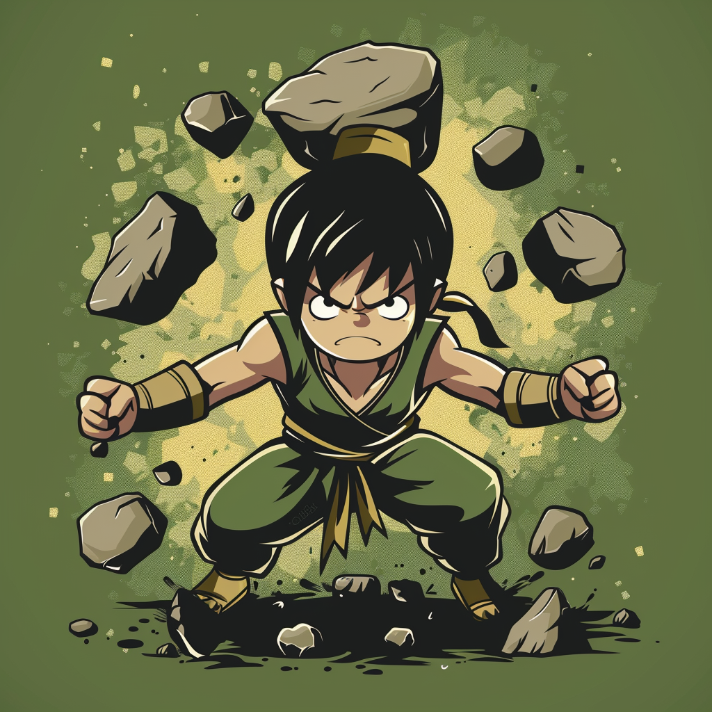 Toph from Airbender lifting stones in cartoon style.