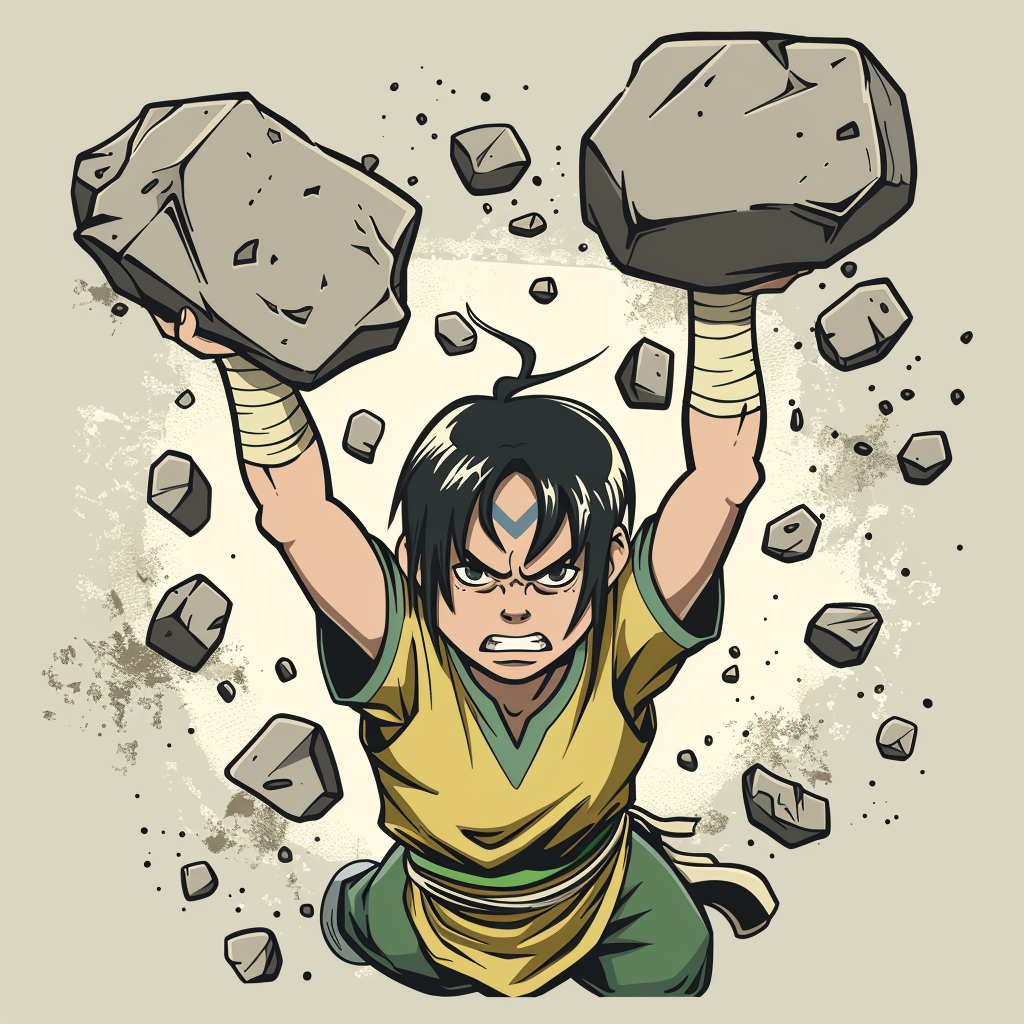 Toph from Avatar lifting heavy stones - strong outline.