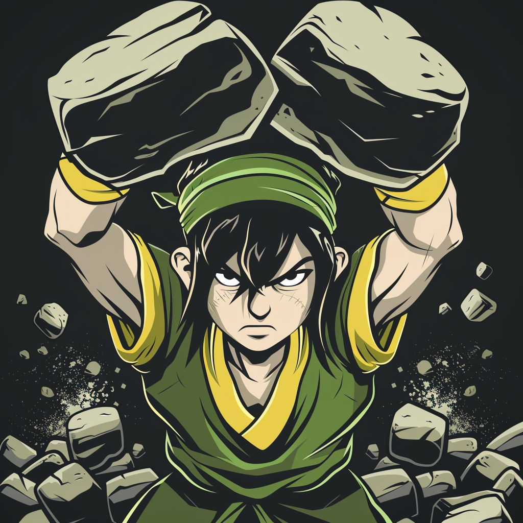 Toph lifting big stones with strained expression - vector cartoon.