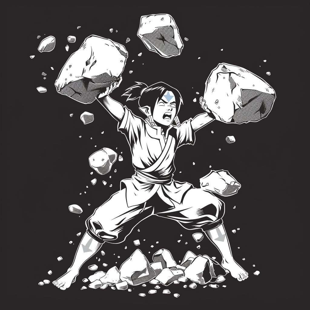 Toph lifting stones barefoot, strained expression, strong outlines.