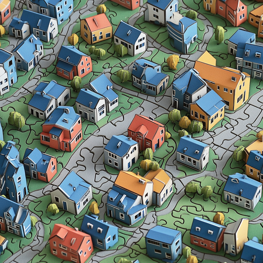 Topographic city map puzzle with colorful houses