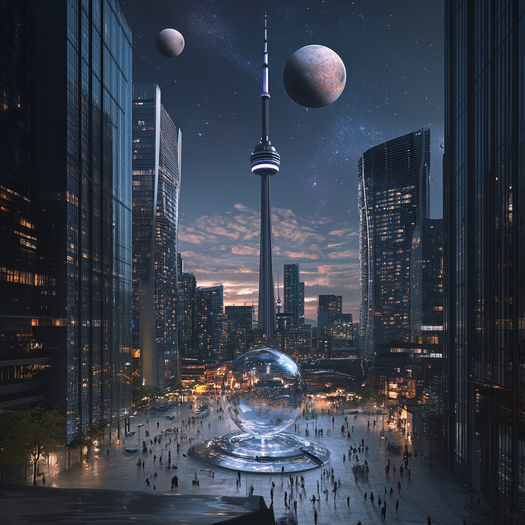 Toronto's futuristic cityscape with glass skyscrapers and statues.