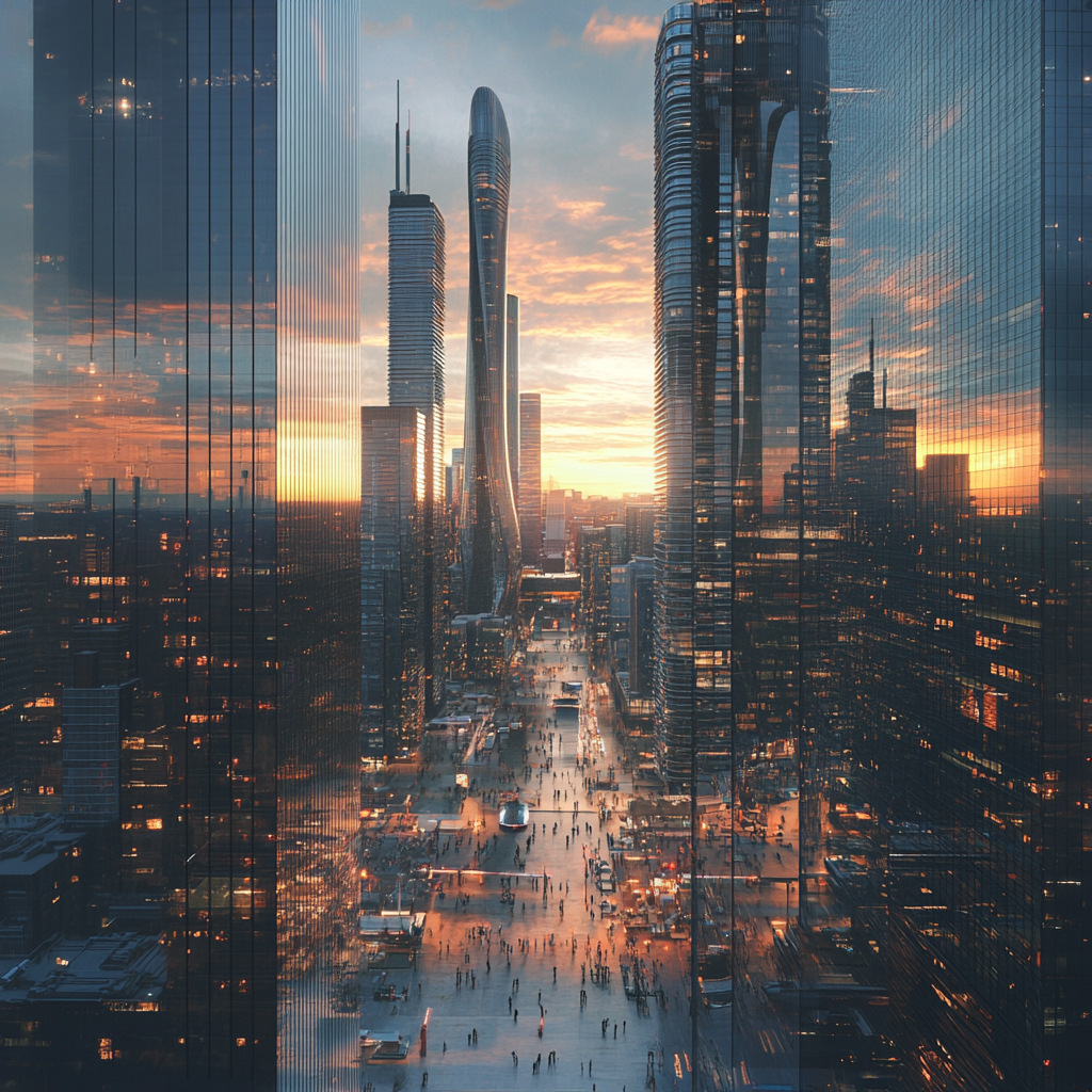 Toronto looks fascinating in the distant future. Incredible 3D rendering of glass skyscrapers, robots.