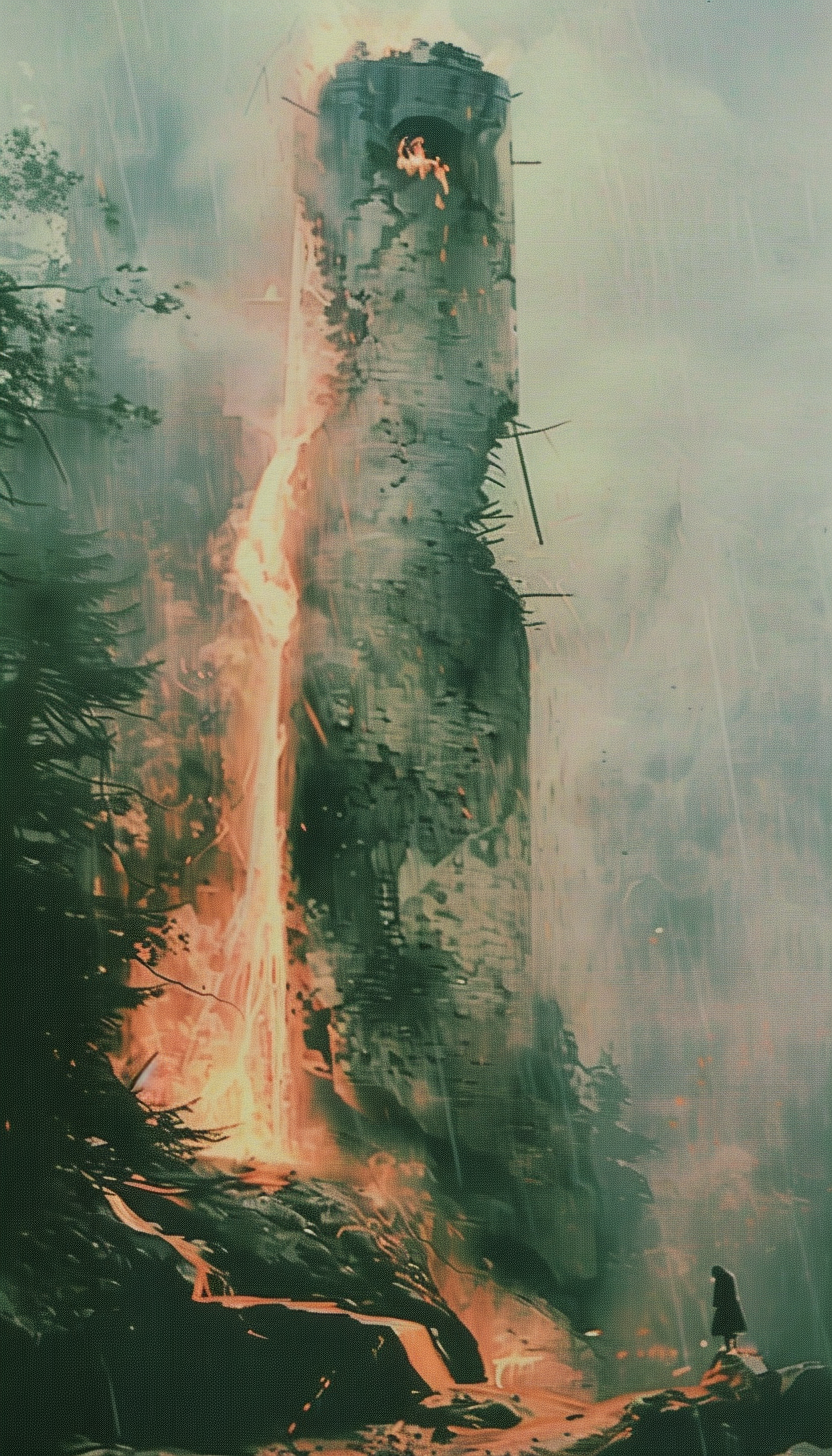 Tower struck by lightning, figures falling, dark storm clouds.