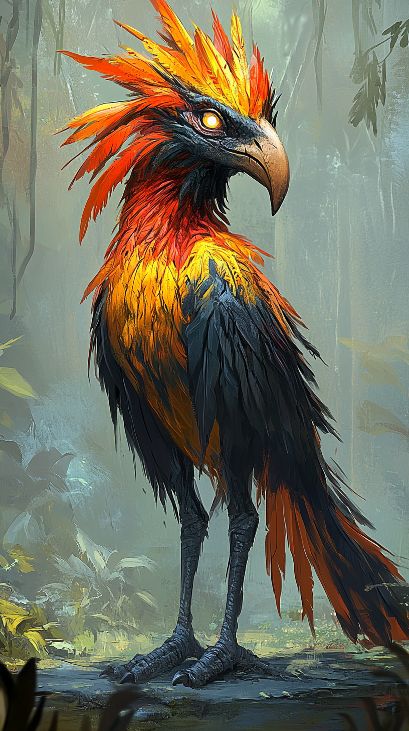 Towering humanoid bird with fiery feathers and fierce beak.