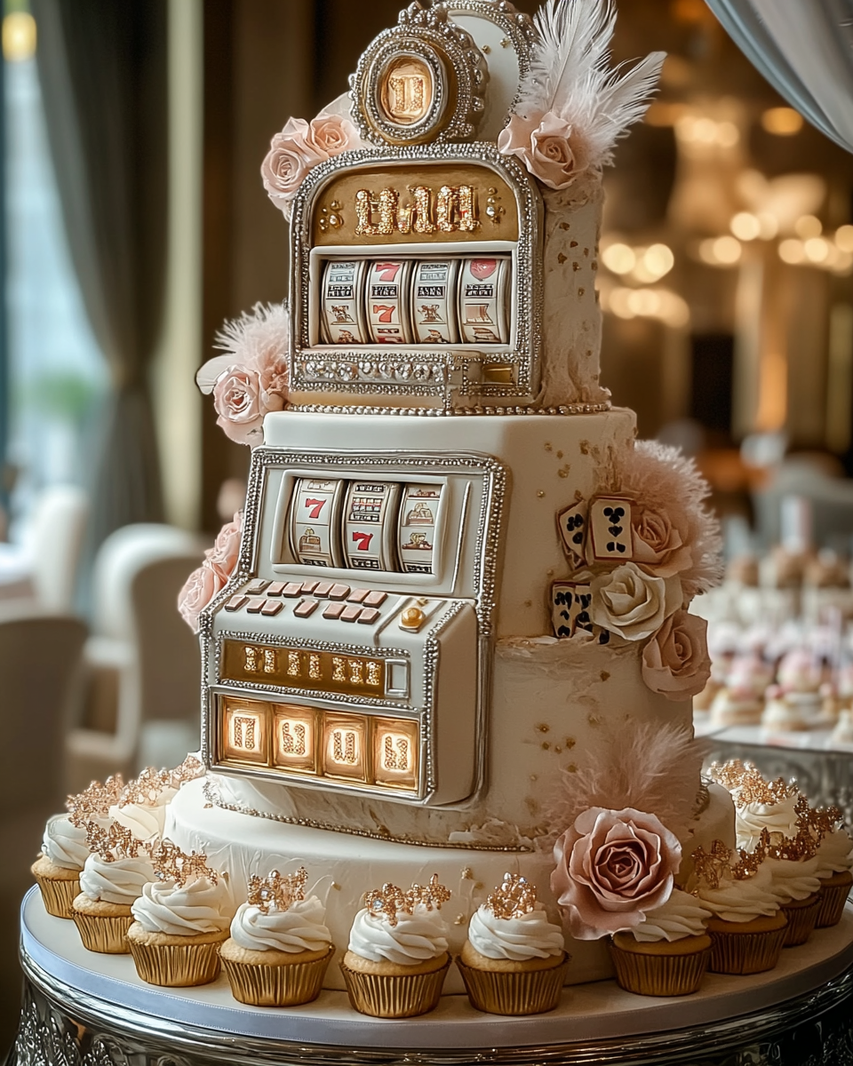 Towering slot machine wedding cake with luxurious decorations