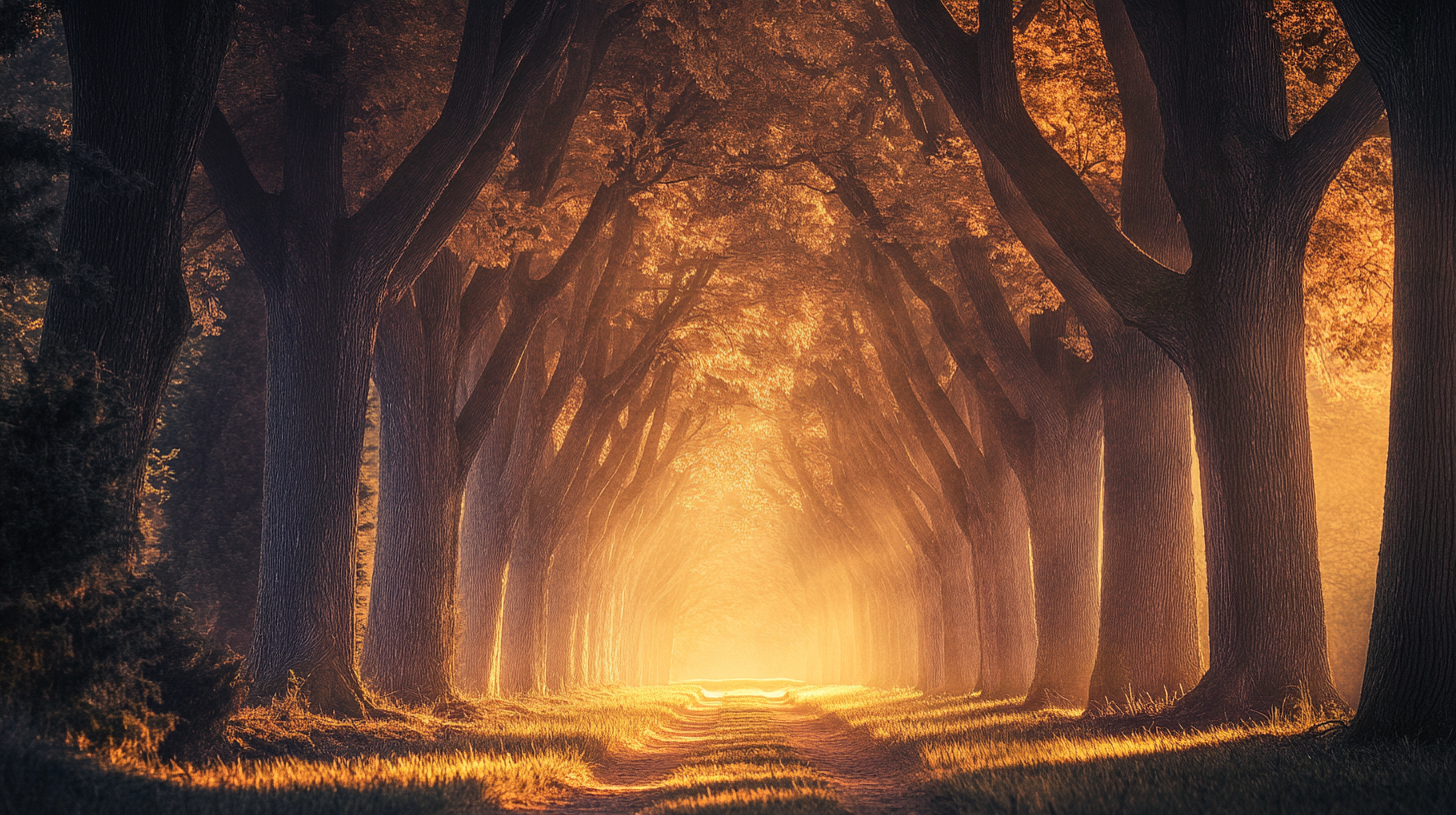 Towering tree cathedral, hauntingly beautiful, atmospheric, backlit image.