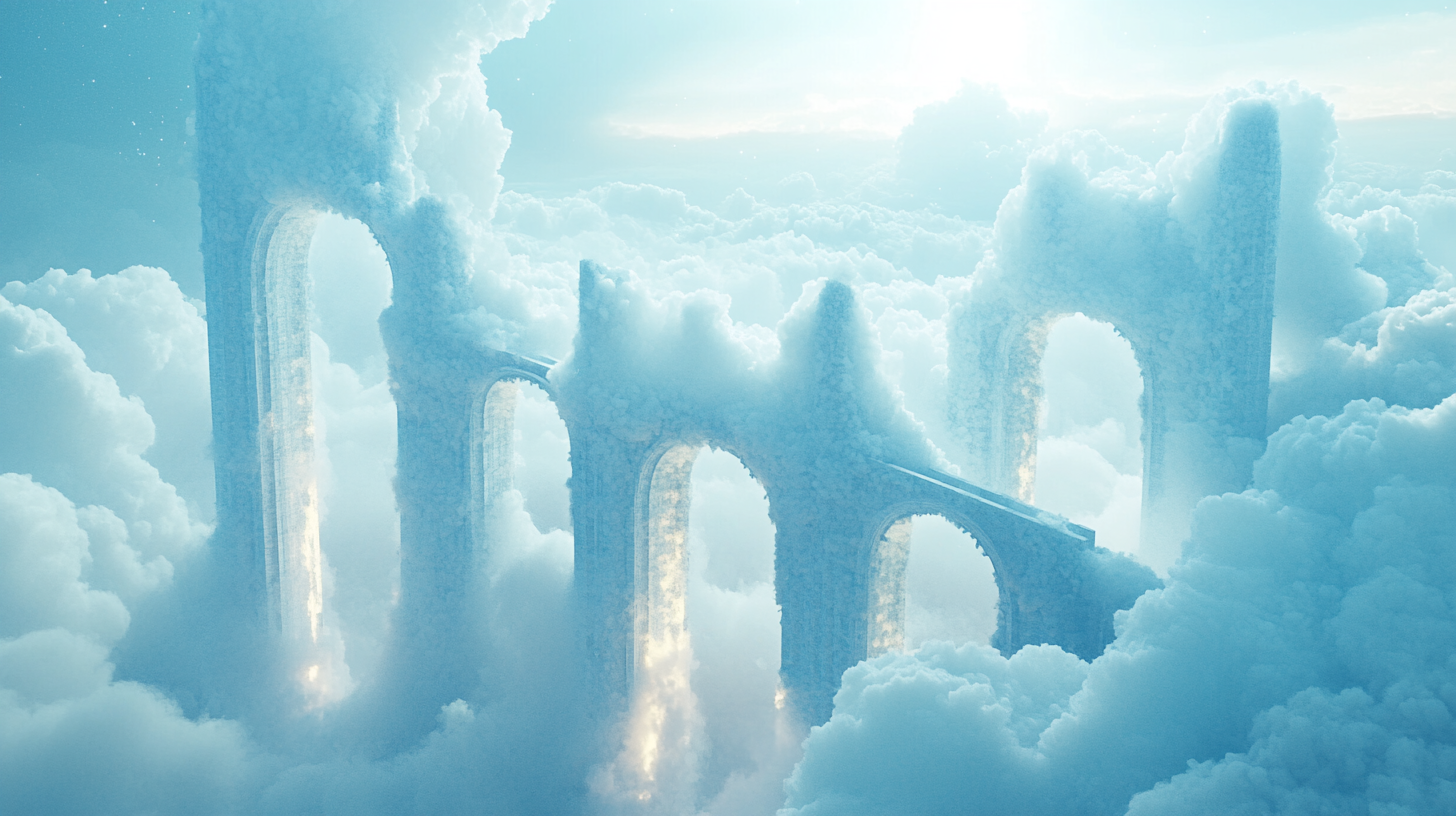 Towers connected by glowing bridges above cotton clouds.